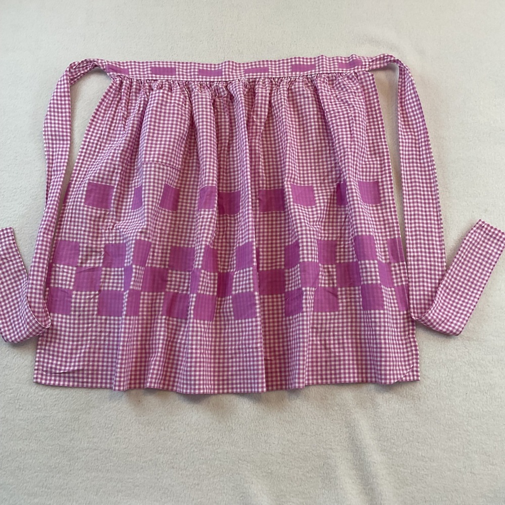 Vintage Handmade Gingham Half Apron Purple Block Weave Front Pocket Retro